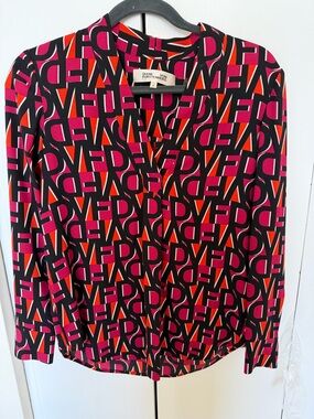 Diane Von Furstenberg Blouse with Black, Pink & Orange Geometric Logo Print